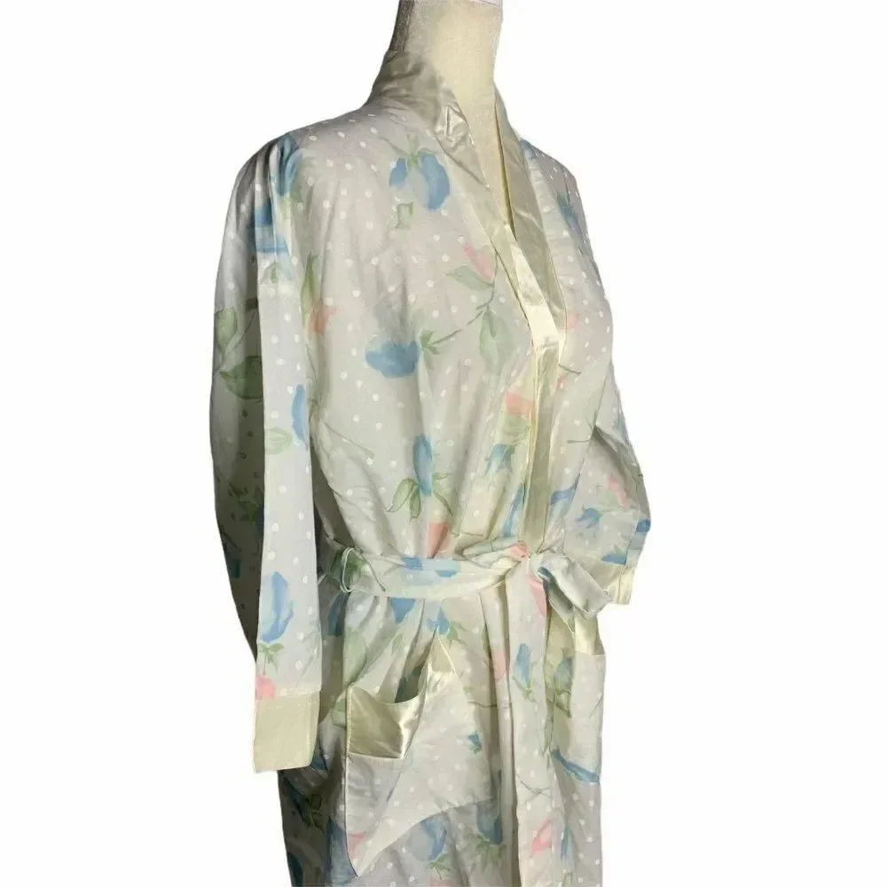 Vintage Long Floral Belted Robe S White Polka Dots